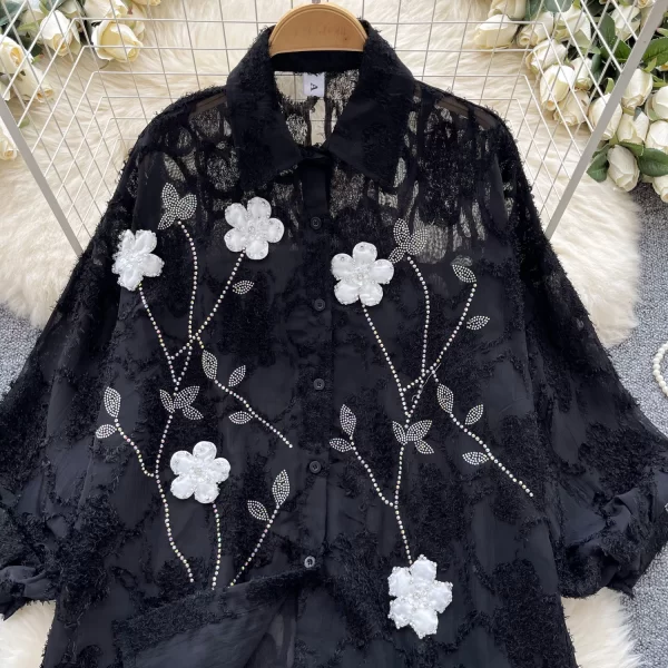 LW0360 French Top New Long Sleeve Shirt With Diamond Three-Dimensional Flower Embroidery Chiffon Blouses for Lady