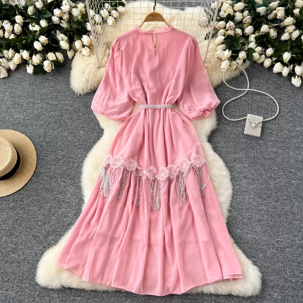 LE2549 Gentle Chiffon Casual Dress Woman Three-Dimensional Flower With Diamond Fringe Lantern Sleeve Midi Dress Lady Long Dress