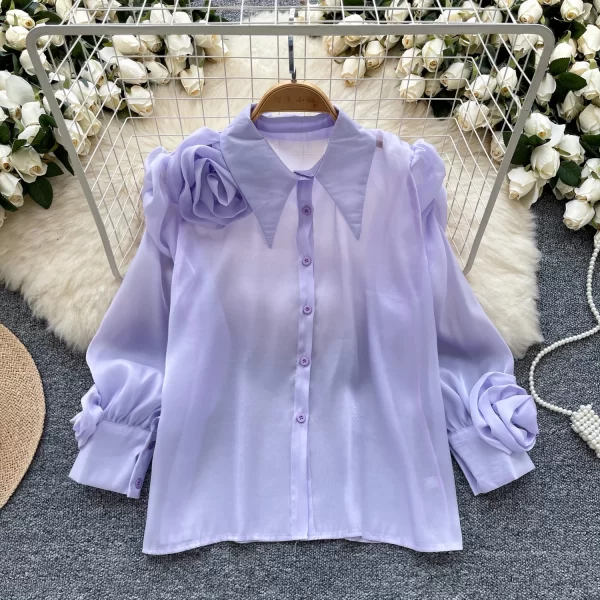 LW0507 All-In-One Shirt 2025 New Design Sense Three-Dimensional Flower Fold Lantern Sleeve All-In-One Long-Sleeved Shirt