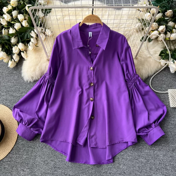 LW0511 Ladies Pleated Lantern Long Sleeved Single Breasted Loose Blouse Lazy Chic Blouses Elegant Women Ladies