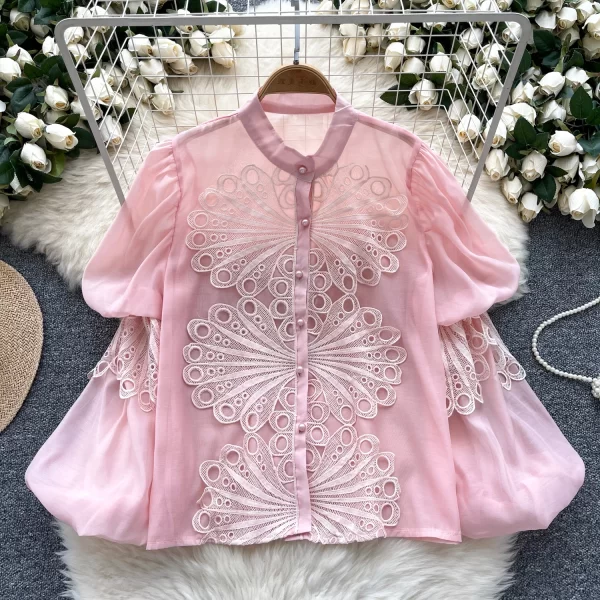 LW0372 French 2025 New Lantern Sleeve Hollowed-Out Lace Embroidery Blouse Women'S See-Through Mesh Top Shirts for Women