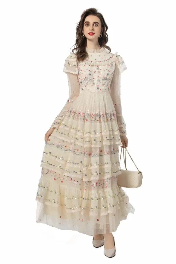 LE2542 High Quality Lace Dress Women Elegant Heavy Embroidery Sequin Long Dress European Socialite Holiday Party Mesh Dresses