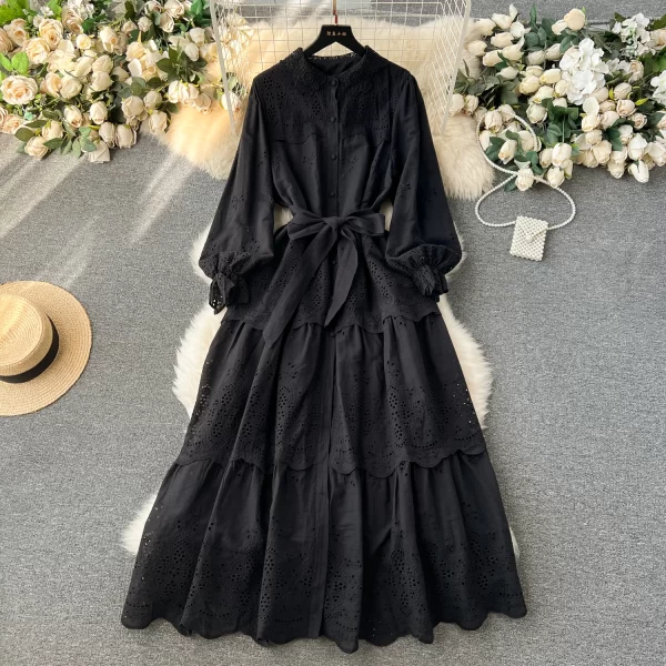 LE2548 Pastoral Style Embroidery Robe Lace-Up Midi Holiday Casual Dresses Woman Ethnic Socialite Party Long Gown