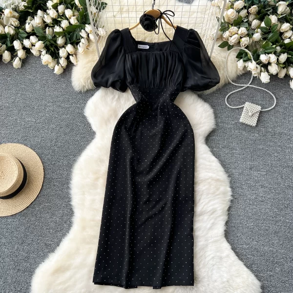 LE2453 Runway Ironing Drill Long Dress Socialite Mesh Puffed Sleeves Square Collar Banquet Robe Elegant Midi Dresses for Women