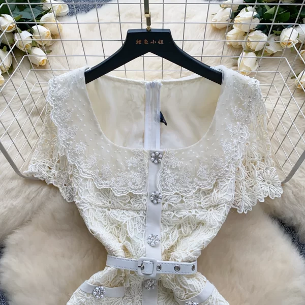 LE2577 Women Boutique Hollow Hook Flower Ladies Dress Female Square Collar Beaded Single Breasted Embroidery Lace Mini Dresses