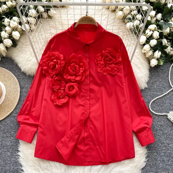 LW0519 Retro Light Luxury Polo Collar Shirt Women Three-Dimensional Flower Loose Design Sense of Temperament Blouse