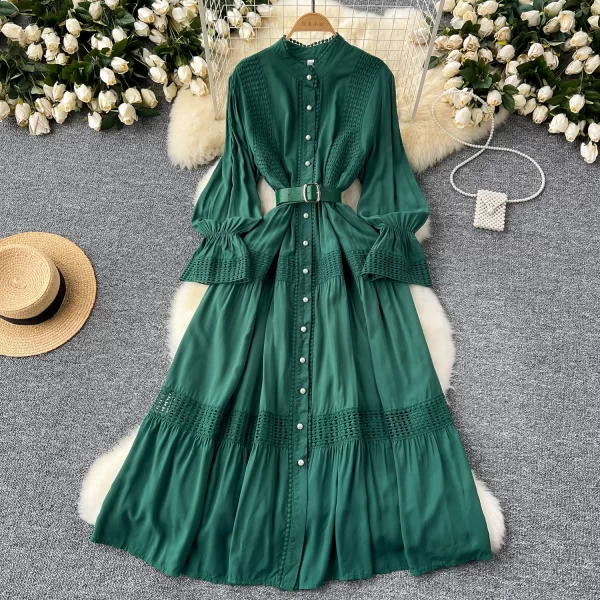 LE2550 Vintage Lace Patchwork Maxi Casual Dress Elegant Women Long Sleeve Lady Evening Gown Socialite Holiday Party Long Dresses