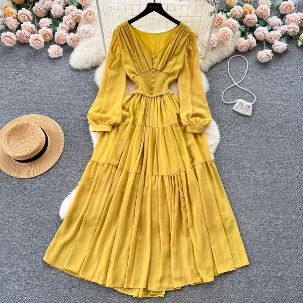LE2503 Women Boutique Outfit Lady V-Neck Chiffon Dress Female Banquet Evening Gown Elastic Waist Long Sleeve Pleated Long Dress