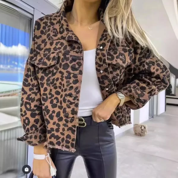 2025 New Denim Jacket Leopard Print Long-sleeved Short Section Loose Type Vintage  Casual Jacket