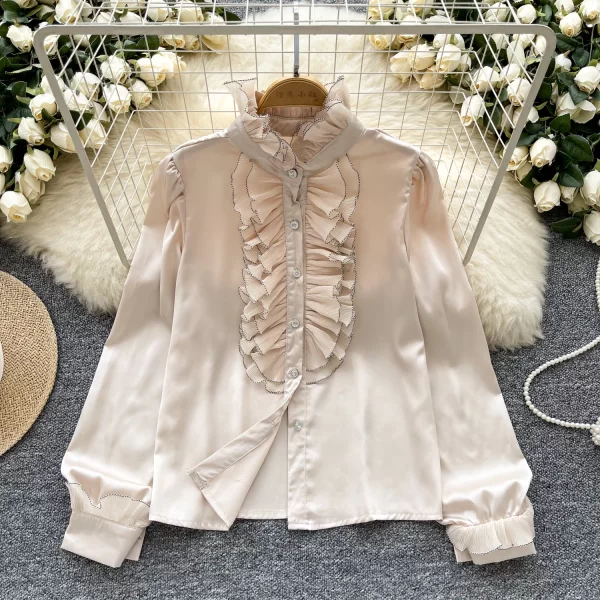 LW0353 Light Luxury Satin Sense Stand Collar Shirt Women Autumn Wood Ear Edge Temperament Chic Niche Blouse Tops for Women