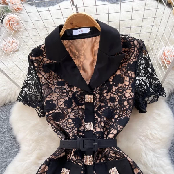 LE2459 Runway Lace Dress Female Delicate Hollow Out Women Boutique Casual Dress Metal Button Pocket Socialite Holiday Maxi Dress