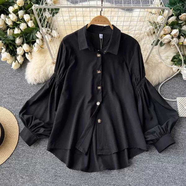 LW0511 Ladies Pleated Lantern Long Sleeved Single Breasted Loose Blouse Lazy Chic Blouses Elegant Women Ladies
