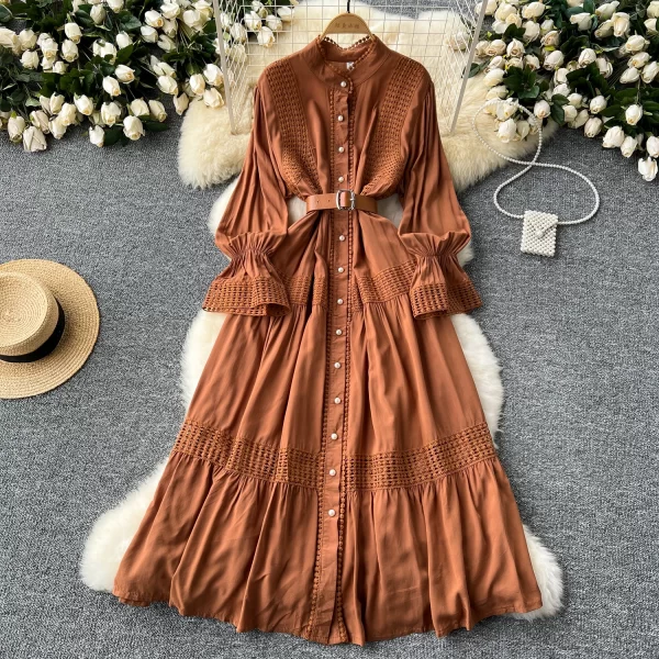 LE2550 Vintage Lace Patchwork Maxi Casual Dress Elegant Women Long Sleeve Lady Evening Gown Socialite Holiday Party Long Dresses