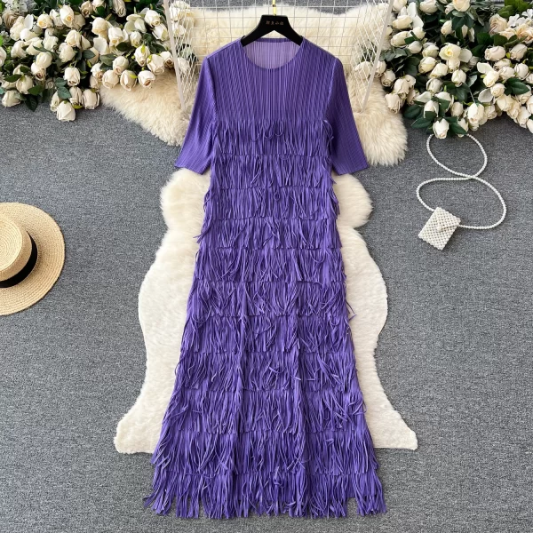 LE2513 Unique Draped Tassels Midi Large Size Evening Dress Fringe Pleated Design Socialite Evening Gown Elegant Party Long Dress