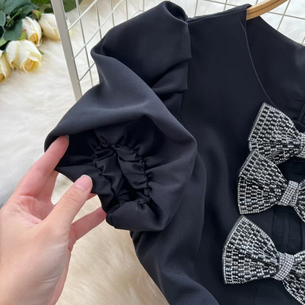 LE2436 High-End Socialite Party Short Dres Female Vintage Hollow Prom Dress Bow Bubble Sleeve Slim-Fit Wrap Hip Black Mini Dress