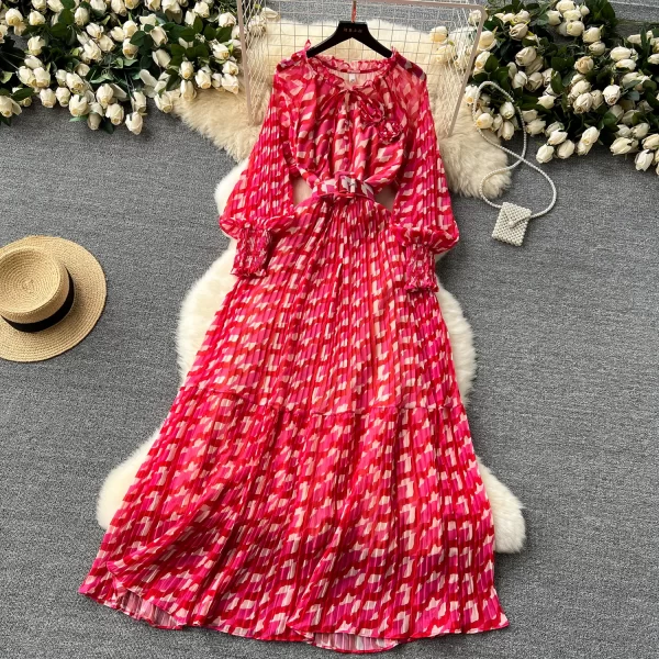 LE2565 Autumn Elegant Party Maxi Dresses Chiffon Pleated Printed Dress Women'S Boutique Bubble Long Sleeve Floral Holiday Robe