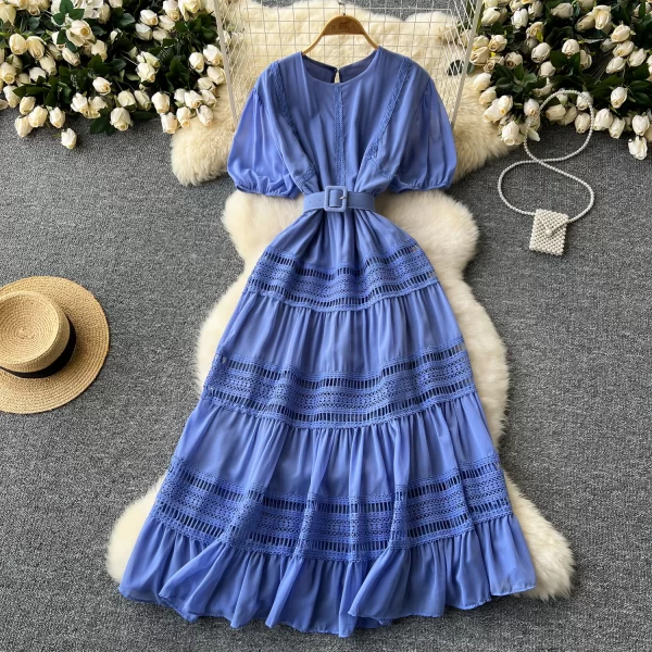 LE2570 Boutique Socialite Party Dress Short Sleeve Woman Exquisite Hollowed-Out Hook Flower Lace Patchwork Midi Evening Dresses