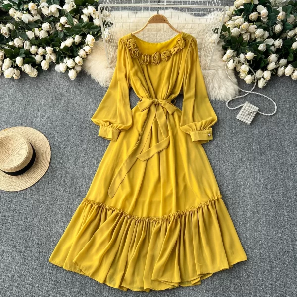 LE2499 Romantic Chiffon Midi Casual Dress Lady Elegant Three-Dimensional Flower Lantern Long Sleeve Evening Rob Ruffled Dresses
