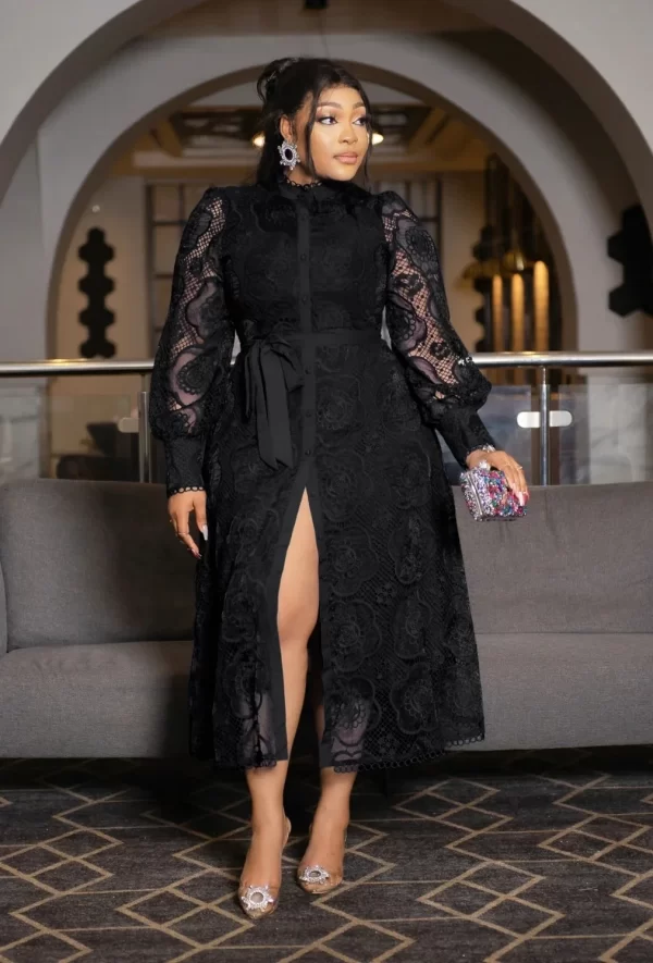 LE2475 Belted Evening Maxi Dresses Autumn Lace O-Neck Temperament Belted Plus Size Long Dress