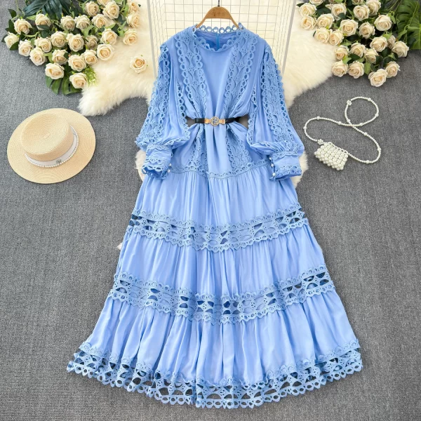 LE2576 Court Style Hollow Hook Flower Ladies Dress Female Heavy Industry Patchwork Lace Long Sleeve Women Boutique Maxi Dresses