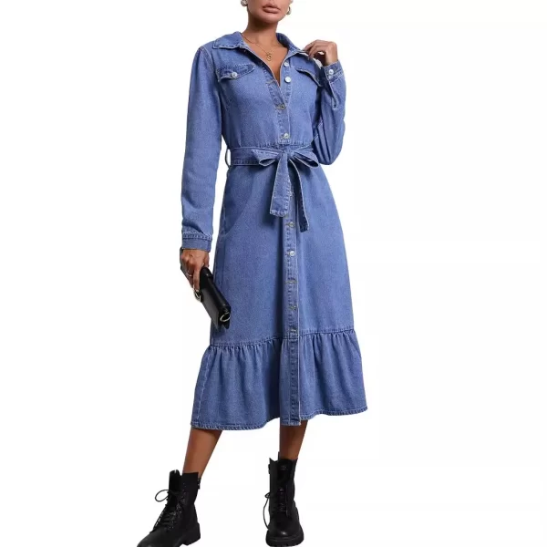 New Retro Waist Thin Long-sleeved Denim Dresses