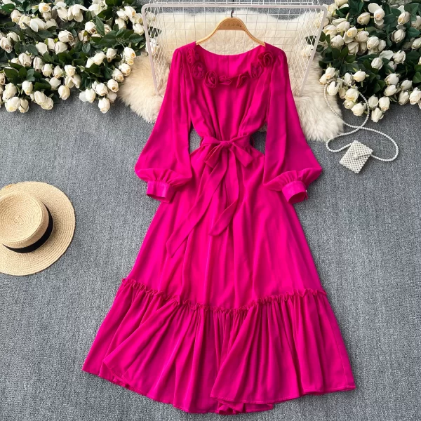 LE2499 Romantic Chiffon Midi Casual Dress Lady Elegant Three-Dimensional Flower Lantern Long Sleeve Evening Rob Ruffled Dresses