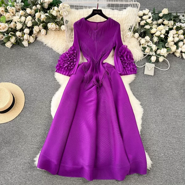LE2510 Fringe V-Neck Pleated Midi Woman Dresses Loose Fold Flare Sleeves Evening Gown Lady Boutique Socialite Holiday Dress