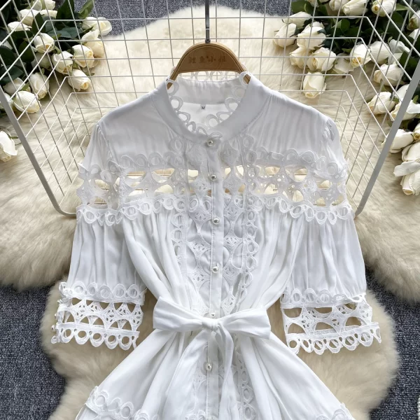LE2574 Court Style Women Boutique Lace Elegant Party Dresses Hollow Hook Flower Lace Patchwork Mini Dress A-Line Female Dresses