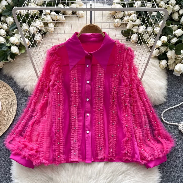 LW0375 French Diamond Pleated Lantern Sleeve Shirt Women'S Single Breasted Slimming Top Blouses Elegant Women Ladies