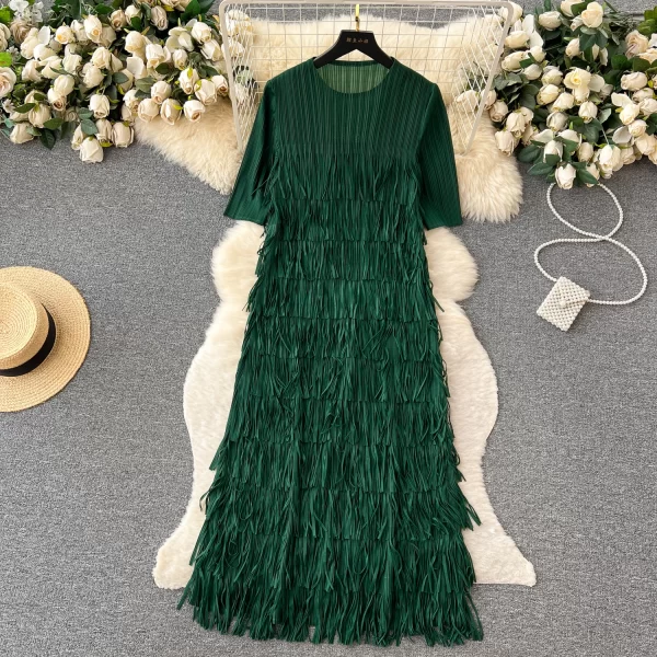 LE2513 Unique Draped Tassels Midi Large Size Evening Dress Fringe Pleated Design Socialite Evening Gown Elegant Party Long Dress