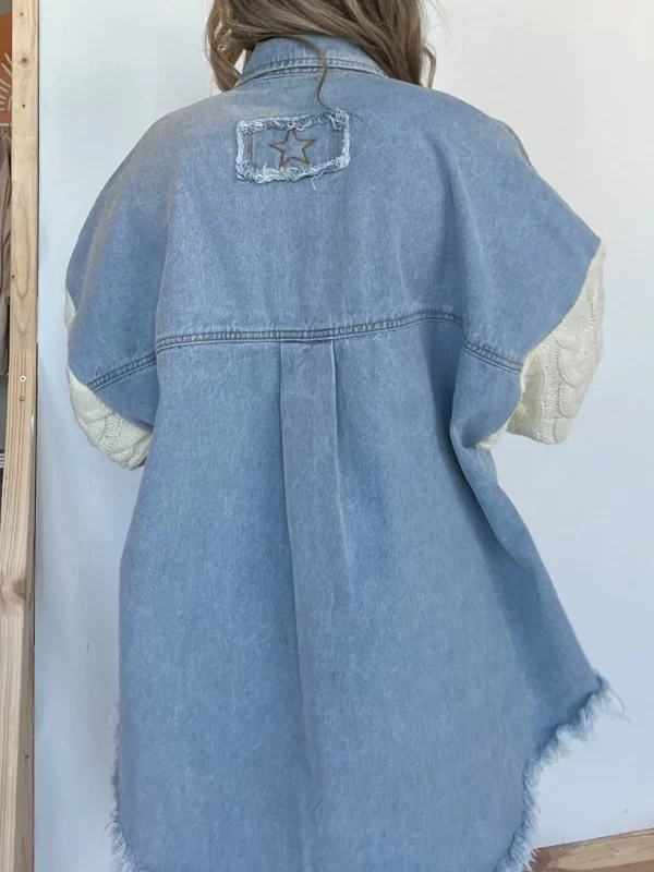 New Streetwear Loose Splicing Sweater Sleeve Denim Tweed Women's Jacket