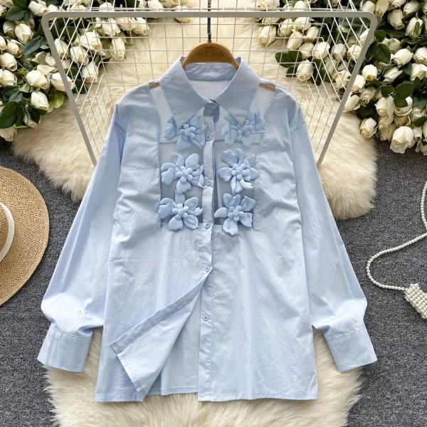 LW0374 French Shirt Women 2025 New Heavy Industry Flowers With Lapel Single-Breasted Top Blouses Elegant Women