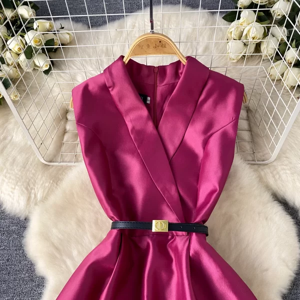 LE2447 Mature Boutique Ladies Evening Gown Hepburn Formal Suit Collar Sleeveless Belted Dinner Dress Elegant Large Swing Dress