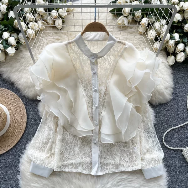 LW0510 Small Crowd Ruffled Edge Stitching Round Neck Pearl Single Breasted Lace Cardigan Blouse Elegant Women Ladies
