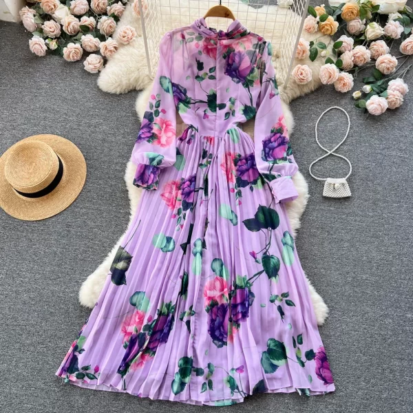 LE2564 Autumn Elegant Party Maxi Dresses 2025 Retro Pleated Printed Dress Women'S Boutique Sailor Collar Floral Holiday Robe