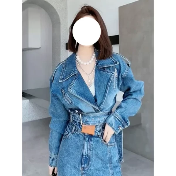 New French Sweet Spicy Wind Lively Ageing Leisure Blue Waisted Denim Jacket Skirt Two Pieces