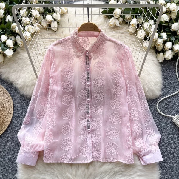 LW0508 Blouses Elegant Woman 2025 New Lace Embroidery Set Diamond Single Breasted Chic Mesh Top Blouses for Lady
