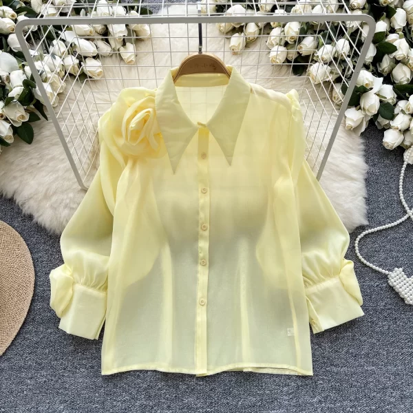LW0507 All-In-One Shirt 2025 New Design Sense Three-Dimensional Flower Fold Lantern Sleeve All-In-One Long-Sleeved Shirt