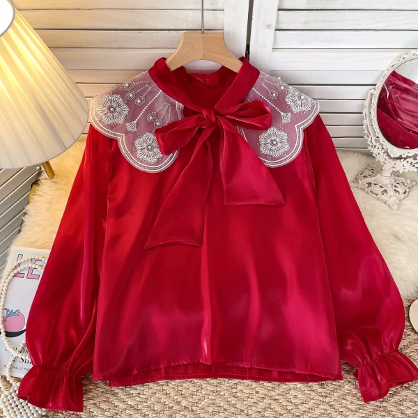 LW0352 French Gentle Atmosphere Lotus Sleeve Shirt Mesh Bow Embroidery Diamond Design Blouses Elegant Women
