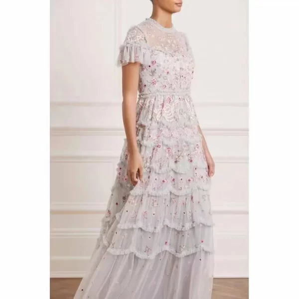 LE2545 High Quality Maxi Gauze Dresses Woman Elegant Socialite Holiday Embroidery Lace Dress Embroidered Floral Evening Gown