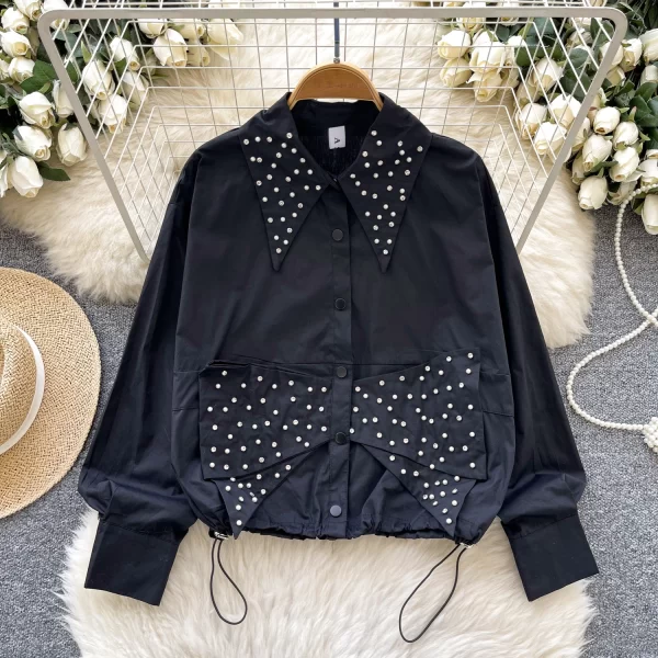 LW0593 Design Sense Studded Beaded Diamond Drawstring Waist Long Sleeve Shirt Women'S 2025 Spring Tops for Women Formal