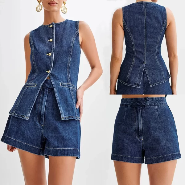 Summer Fashion Casual Sleeveless High Waisted Women's Suit Denim Shorts Suit