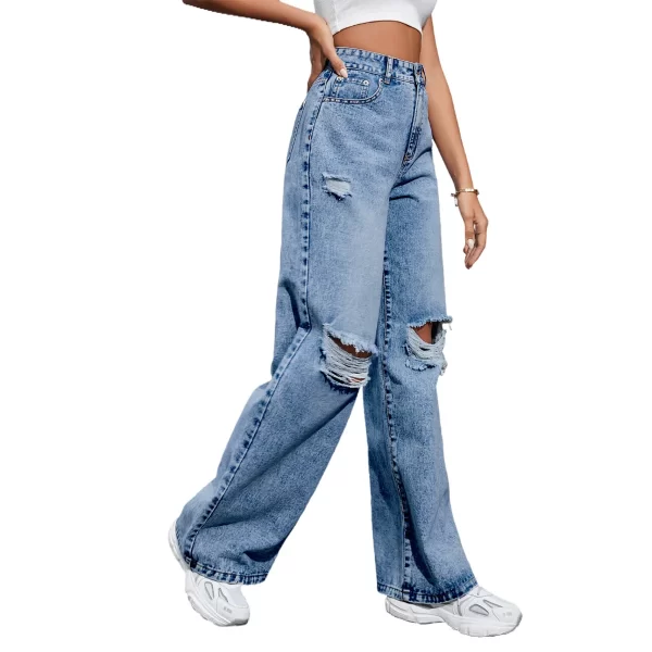 New Fashion Light Blue Ladies Distressed Jeans Softener Fabric With Zipper and Bleached Decoration Wide Leg Design