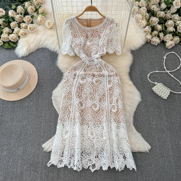 LE2433 Temperament Hollow Hook Flower Office Lady Dresses Woman Holiday Party Lace Dress Elegant Boutique Embroidery Midi Dress