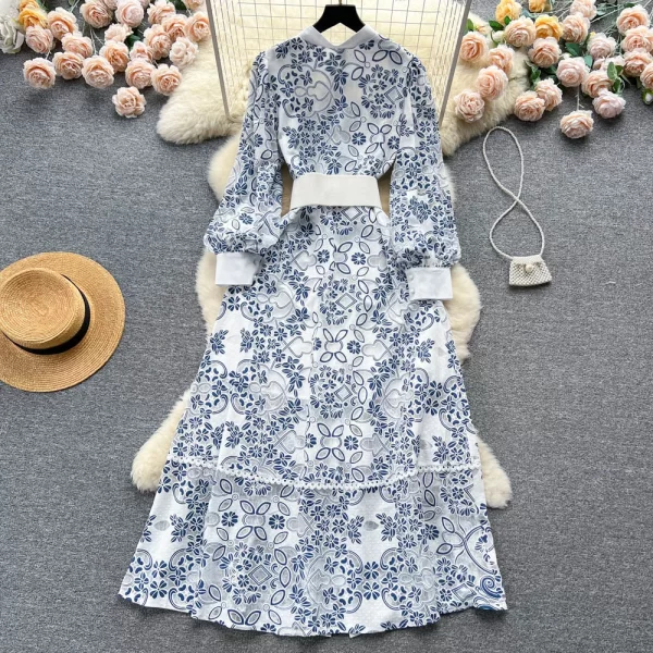 LE2568 Women'S Boutique Lace Maxi Casual Women'S Dresses Autumn Lantern Long Sleeved Flower Hollow Out Embroidery Evening Dress