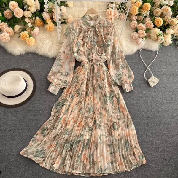 LE2556 Chic Holiday Pleated Midi Womens Dresses Bow V-Neck Bubble Sleeve Floral Print Dress Elastic Waist Chiffon Casual Dress