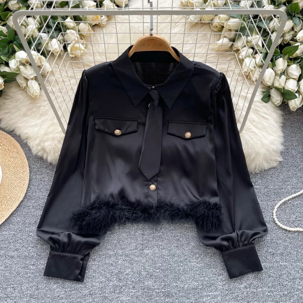 LW0362 French Niche Shirt Ladies Haute Couture With Fluffy Patchwork Short Satin Top Blouses Elegant Women