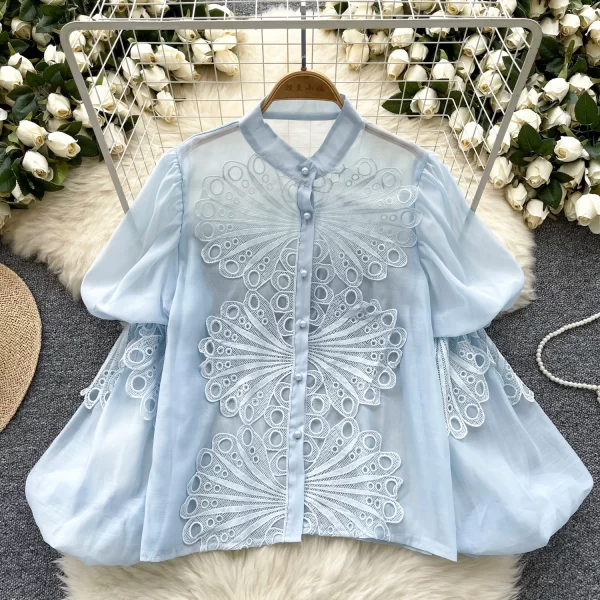 LW0372 French 2025 New Lantern Sleeve Hollowed-Out Lace Embroidery Blouse Women'S See-Through Mesh Top Shirts for Women