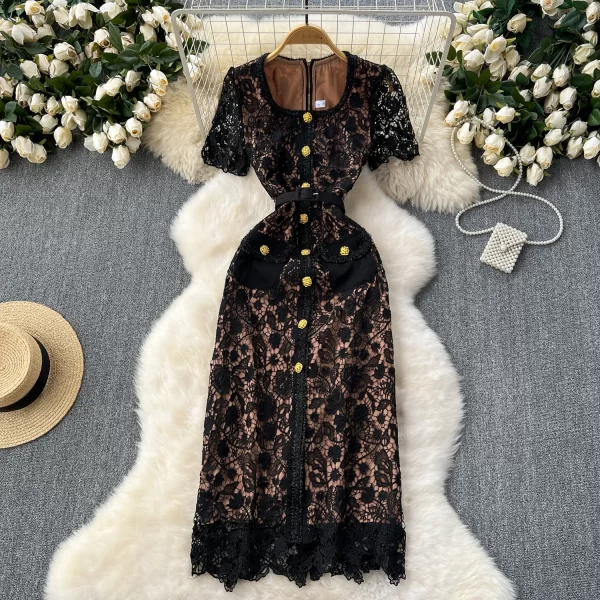 LE2466 Ladies Holiday Party Lace Dresses Women Luxury Embroidered Hollow Dinner Midi Dress Hollow Out Belted Casual Dresses