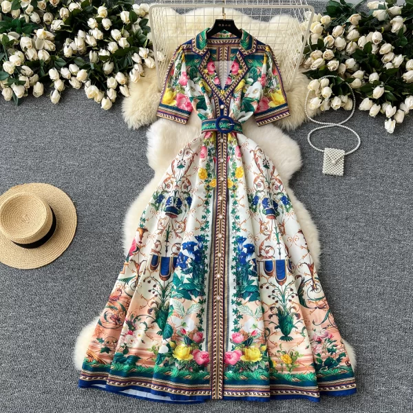 LE2474 Ethnic Maxi Flower Print Dresses Lady Elegant Suit Collar Evening Gown A-Line Socialite Party Belted Casual Shirt Dress